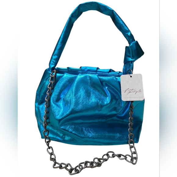 Free People Viva La Vegan Blue Metallic Shoulder Bag With Removable Chain Strap - Picture 3 of 5